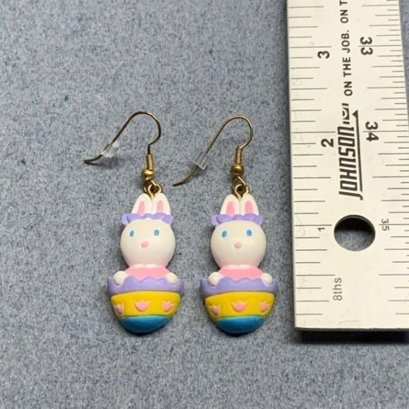 Easter Bunny Pierced Earrings Egg Pastel Dangle White Pink Purple Yellow Blue - Picture 4 of 4